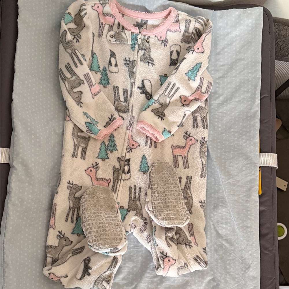 Carter's Pink and White Buffalo Check Fleece Footed Sleeper with Bear Applique